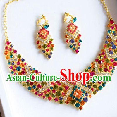 Top Grade Handmade Wedding Accessories Bride Colorful Crystal Necklace and Earrings for Women