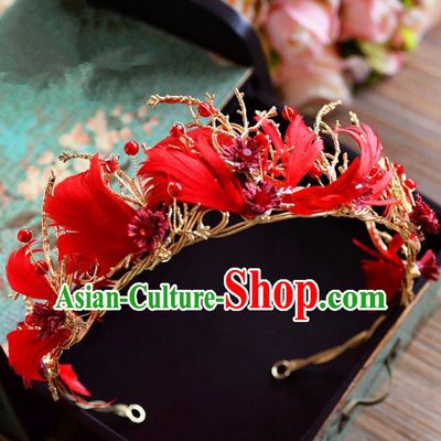 Top Grade Handmade Hair Accessories Baroque Red Feather Royal Crown Headwear for Women