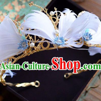 Top Grade Handmade Hair Accessories Baroque White Feather Royal Crown Headwear for Women