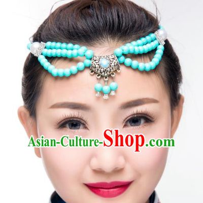 Traditional Chinese Mongol Nationality Dance Hair Accessories, Mongolian Minority Blue Beads Tassel Headwear for Women