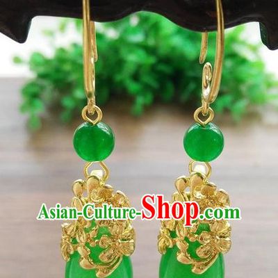 Top Grade Chinese Handmade Wedding Accessories Hanfu Palace Jade Brass Earrings for Women