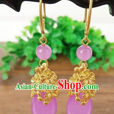 Top Grade Chinese Handmade Wedding Accessories Hanfu Palace Purple Jade Brass Earrings for Women