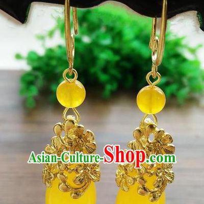 Top Grade Chinese Handmade Wedding Accessories Hanfu Palace Turmeric Jade Brass Earrings for Women