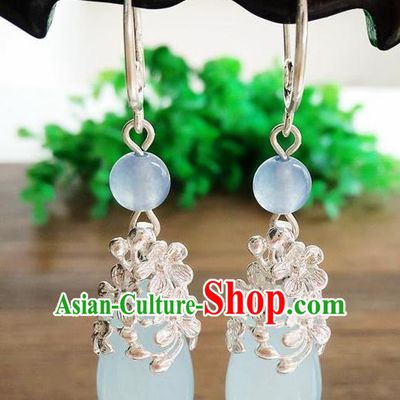 Top Grade Chinese Handmade Wedding Accessories Hanfu Palace Blue Jade Brass Earrings for Women