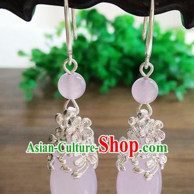 Top Grade Chinese Handmade Wedding Accessories Hanfu Palace Pink Jade Brass Earrings for Women