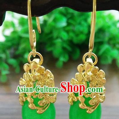 Top Grade Chinese Handmade Wedding Accessories Brass Eardrop Hanfu Green Jade Earrings for Women