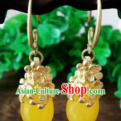 Top Grade Chinese Handmade Wedding Accessories Brass Eardrop Hanfu Yellow Jade Earrings for Women