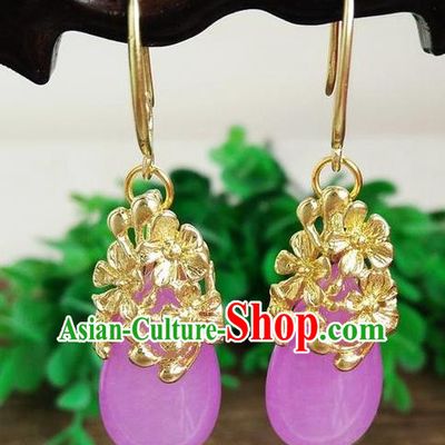 Top Grade Chinese Handmade Wedding Accessories Brass Eardrop Hanfu Purple Jade Earrings for Women
