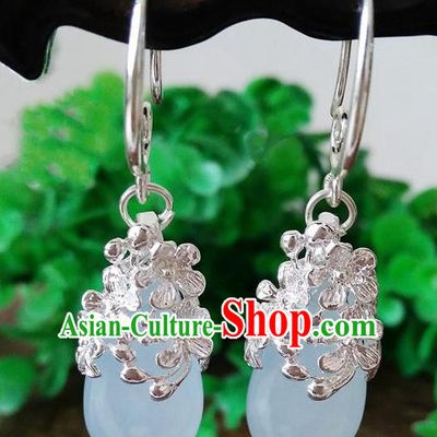 Top Grade Chinese Handmade Wedding Accessories Brass Eardrop Hanfu Blue Jade Earrings for Women