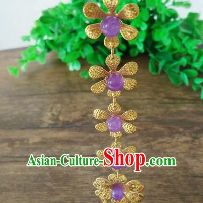 Ancient Chinese Handmade Hair Accessories Classical Purple Beads Frontlet Hairpins for Women