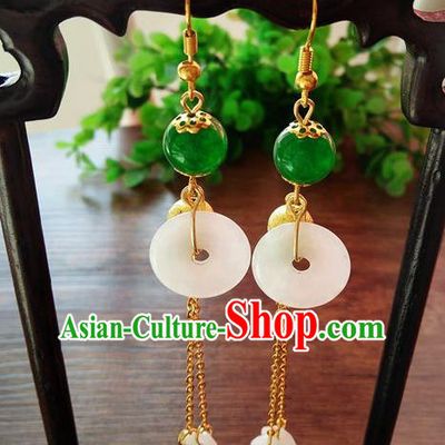 Top Grade Chinese Handmade Wedding Accessories Jadeite Jade Eardrop Hanfu Peace Buckle Earrings for Women