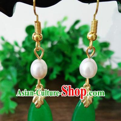 Top Grade Chinese Handmade Wedding Accessories Jadeite Jade Eardrop Hanfu Pearl Earrings for Women