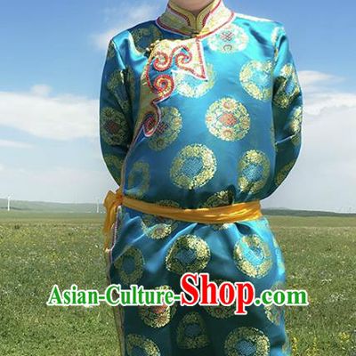 Traditional Chinese Mongol Nationality Costume Blue Mongolian Robe, Mongolian Folk Dance Clothing for Men