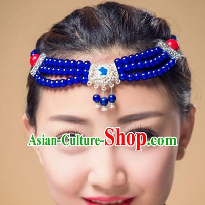 Traditional Chinese Mongol Nationality Dance Hair Accessories, Mongolian Minority Royalblue Beads Hair Clasp Headwear for Women