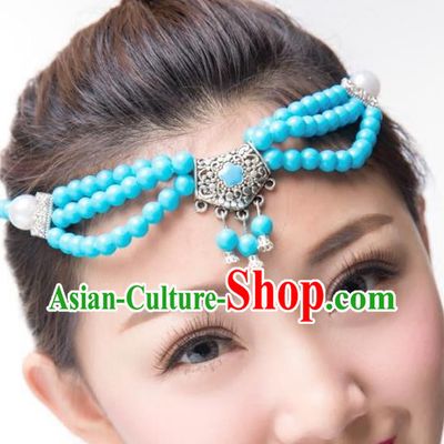 Traditional Chinese Mongol Nationality Dance Hair Accessories, Mongolian Minority Blue Beads Hair Clasp Headwear for Women