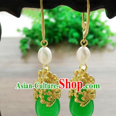 Top Grade Chinese Handmade Wedding Accessories Jade Eardrop Hanfu Pearl Brass Earrings for Women