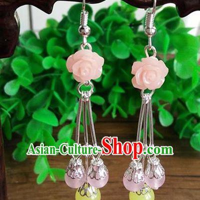 Top Grade Chinese Handmade Accessories Eardrop Wedding Hanfu Pink Rose Earrings for Women