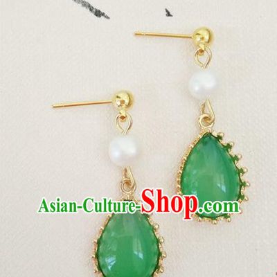 Top Grade Chinese Handmade Accessories Hanfu Eardrop Green Jade Earrings for Women