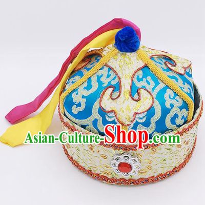 Traditional Chinese Mongol Nationality Prince Handmade Hair Accessories, Mongolian Minority Blue Hats for Kids