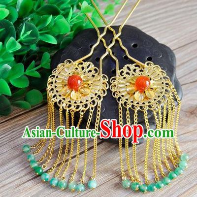Ancient Chinese Handmade Jade Beads Tassel Hair Clips Hair Accessories Classical Hairpins for Women