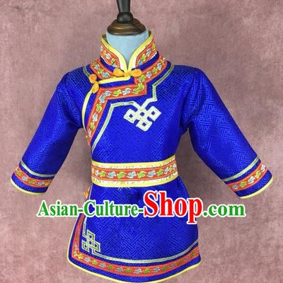 Traditional Chinese Mongol Nationality Costume Children Royalblue Mongolian Robe, Mongolian Folk Dance Clothing for Kids