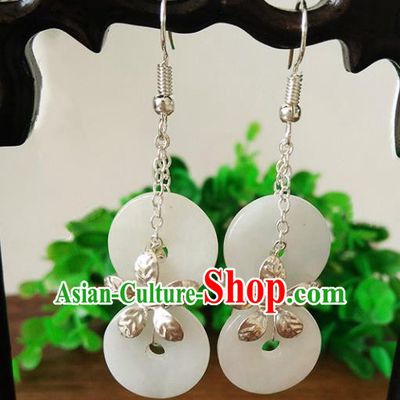 Top Grade Chinese Handmade Accessories White Jade Eardrop Hanfu Earrings for Women