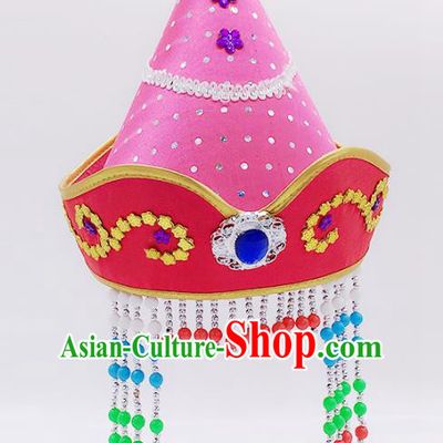 Traditional Chinese Mongol Nationality Princess Hair Accessories, Mongolian Minority Pink Hats for Kids