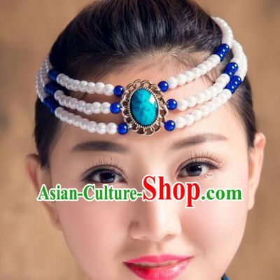 Traditional Chinese Mongol Nationality Dance Hair Accessories, Handmade Mongolian Minority White Beads Hair Clasp Headwear for Women