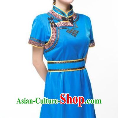 Traditional Chinese Mongol Nationality Costume Blue Dress, Mongolian Folk Dance Clothing for Women