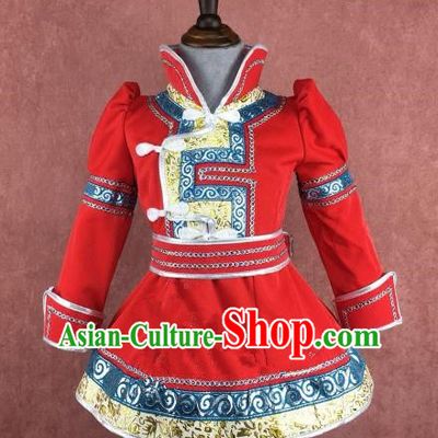Traditional Chinese Mongol Nationality Costume Children Red Dress, Mongolian Folk Dance Clothing for Kids