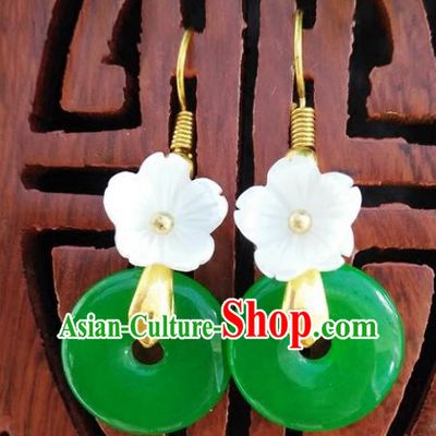 Top Grade Chinese Handmade Accessories Shell Flower Green Eardrop Hanfu Earrings for Women