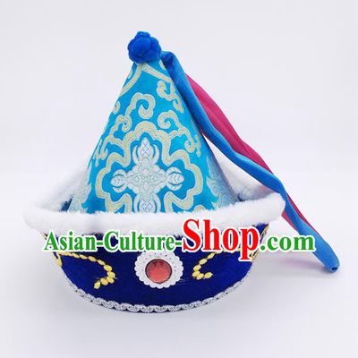 Traditional Chinese Mongol Nationality Prince Hat, Mongolian Minority Royalblue Hats for Kids