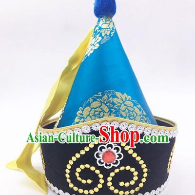 Traditional Chinese Mongol Nationality Prince Blue Hat, Mongolian Minority Dance Hats for Men