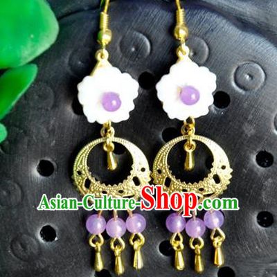Top Grade Chinese Handmade Accessories Hanfu Eardrop Purple Beads Tassel Shell Earrings for Women