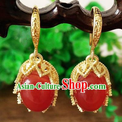 Chinese Handmade Accessories Hanfu Red Jade Eardrop Ancient Earrings for Women