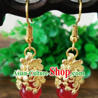 Chinese Handmade Accessories Hanfu Red Bead Eardrop Ancient Brass Earrings for Women
