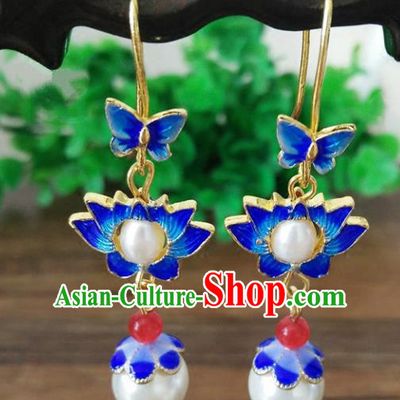 Chinese Handmade Accessories Hanfu Cloisonne Lotus Eardrop Ancient Tassel Earrings for Women