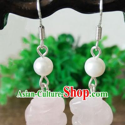 Chinese Handmade Accessories Hanfu Pink Jade Rabbit Eardrop Ancient Tassel Earrings for Women
