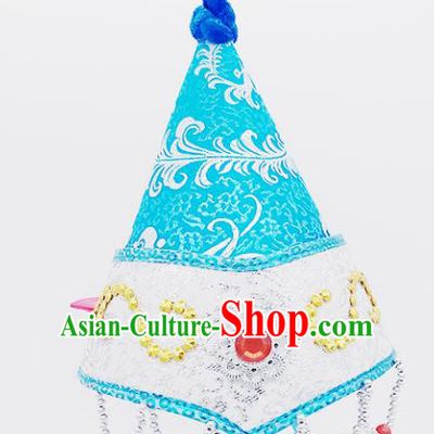 Traditional Chinese Mongol Nationality Blue Hats Hair Accessories, Mongolian Minority Dance Headwear for Kids