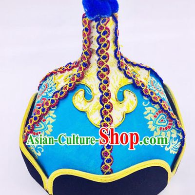 Traditional Chinese Mongol Nationality Light Blue Hat Hair Accessories, Handmade Mongolian Minority Prince Hats Headwear for Men