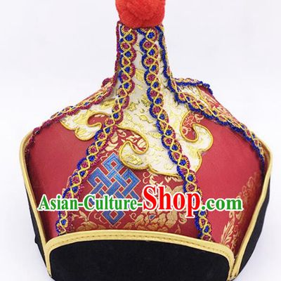 Traditional Chinese Mongol Nationality Red Hat Hair Accessories, Handmade Mongolian Minority Prince Hats Headwear for Men