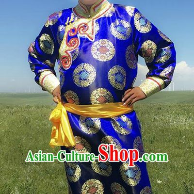 Traditional Chinese Mongol Nationality Costume Royalblue Mongolian Robe, Mongolian Folk Dance Clothing for Men