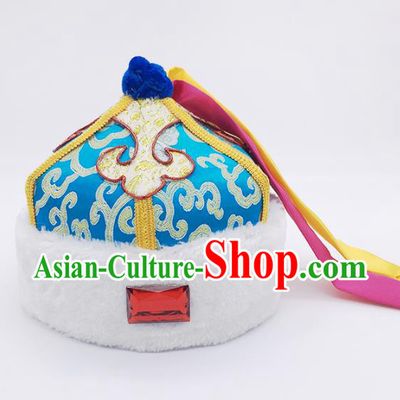 Traditional Chinese Mongol Nationality Children Blue Hats, Mongolian Minority Hair Accessories Dance Headwear for Kids