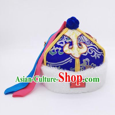 Traditional Chinese Mongol Nationality Children Royalblue Hats, Mongolian Minority Hair Accessories Dance Headwear for Kids