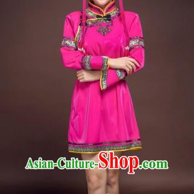 Chinese Mongol Nationality Rosy Costume, Traditional Mongolian Folk Dance Clothing Mongolian Robe for Women