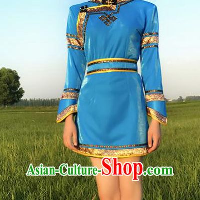 Chinese Mongol Nationality Blue Costume, Traditional Mongolian Folk Dance Clothing Mongolian Robe for Women