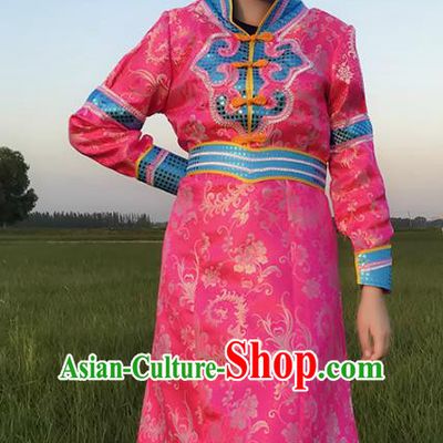 Chinese Mongol Nationality Ethnic Costume, Traditional Mongolian Folk Dance Clothing Pink Mongolian Robe for Women