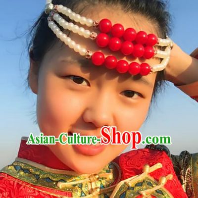 Traditional Chinese Folk Dance Hair Accessories, Mongolian Minority White Beads Hair Jewelry Dance Headwear for Women