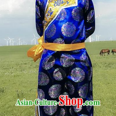 Chinese Mongol Nationality Ethnic Costume Royalblue Mongolian Robe, Traditional Mongolian Folk Dance Clothing for Men