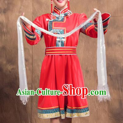 Chinese Traditional Female Ethnic Costume, Mongolian Minority Folk Dance Red Dress for Women